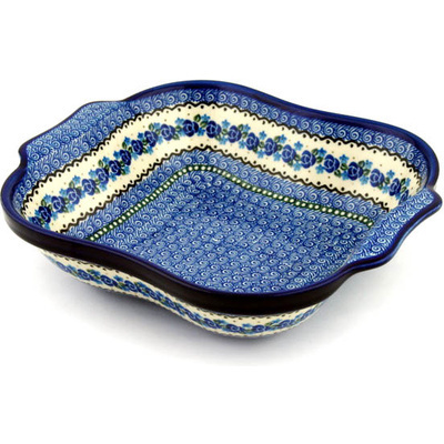Polish Pottery Square Baker with Handles 11&quot; Blue Bud Sea