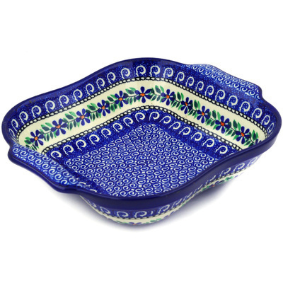 Polish Pottery Square Baker with Handles 11&quot; Blue Daisy Swirls