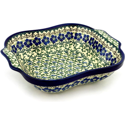 Polish Pottery Square Baker with Handles 11&quot; Blue Dogwood