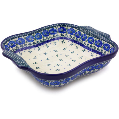 Polish Pottery Square Baker with Handles 11&quot; Blue Poppy Chain