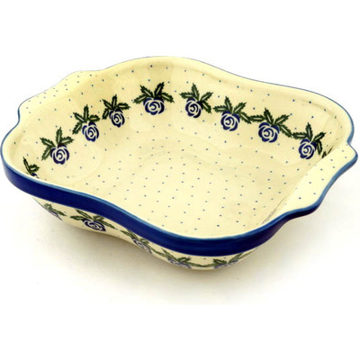Polish Pottery Square Baker with Handles 11&quot; Blue Rose