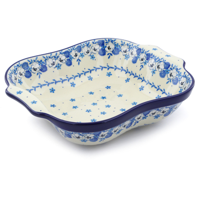 Polish Pottery Square Baker with Handles 11" White Pansy