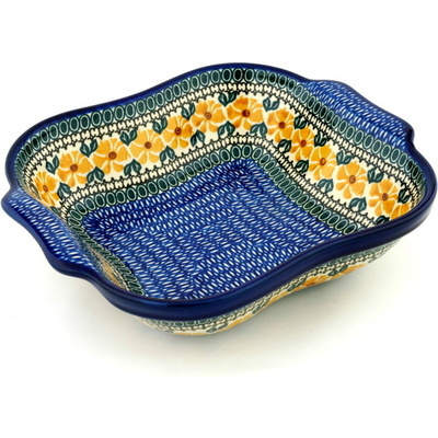 Polish Pottery Square Baker with Handles 11&quot; Yellow Morning Glory
