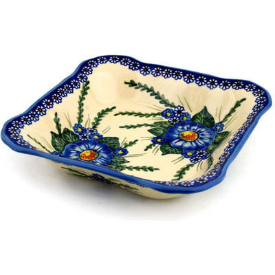 Polish Pottery Square Bowl 10&quot; Blue Bouquet