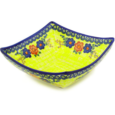 Polish Pottery Square Bowl 11&quot; Neon Poppies