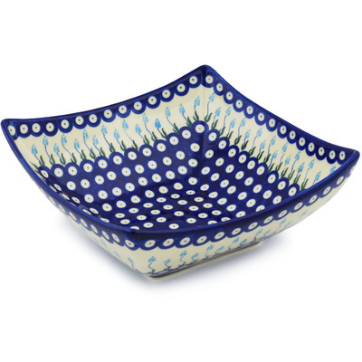 Polish Pottery Square Bowl 11&quot; Peacock Tulip Garden