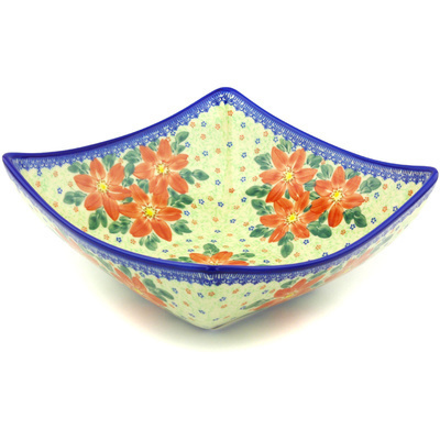 Polish Pottery Square Bowl 11&quot; Snow Coral Zinnias UNIKAT