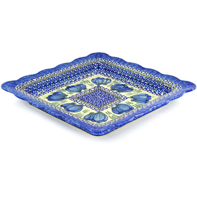 Polish Pottery Square Bowl 12&quot; Blue Bulbs