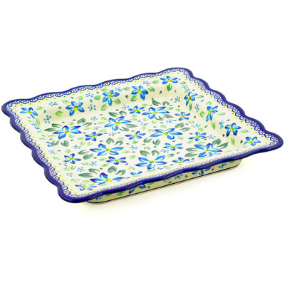 Polish Pottery Square Bowl 12&quot; Blue Clematis