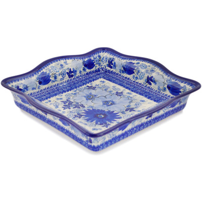 Polish Pottery Square Bowl 12&quot; Blue Wildflower Patch UNIKAT