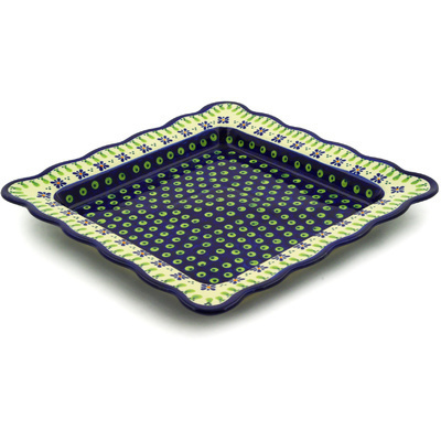 Polish Pottery Square Bowl 12&quot; Green Gingham Peacock