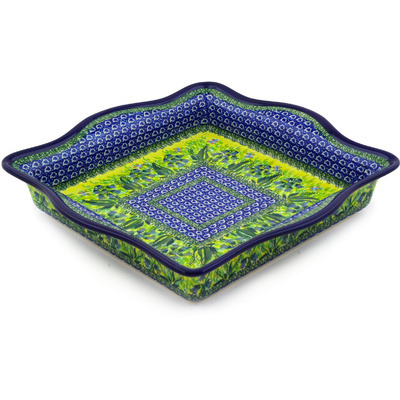 Polish Pottery Square Bowl 12&quot; Lakeside Bluebells UNIKAT