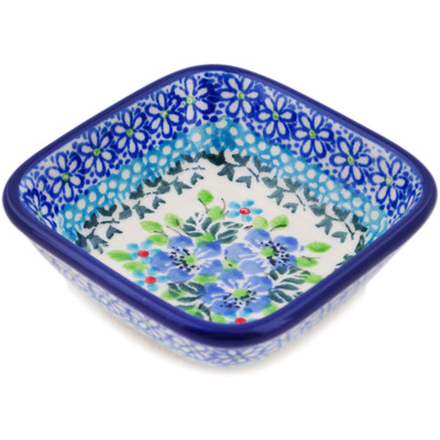 Polish Pottery Square Bowl 3&quot; Blue Bouquet UNIKAT