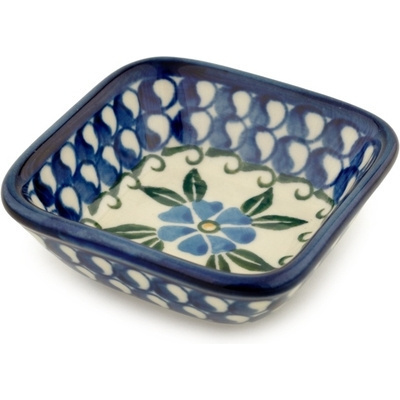 Polish Pottery Square Bowl 3&quot; Blue Flax Circle