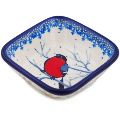 Polish Pottery Square Bowl 3&quot; Bullfinch On Rowan Winter Berries UNIKAT