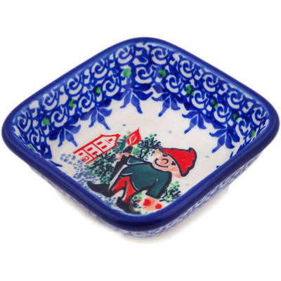 Polish Pottery Square Bowl 3&quot; Christmas Gnome In Town UNIKAT