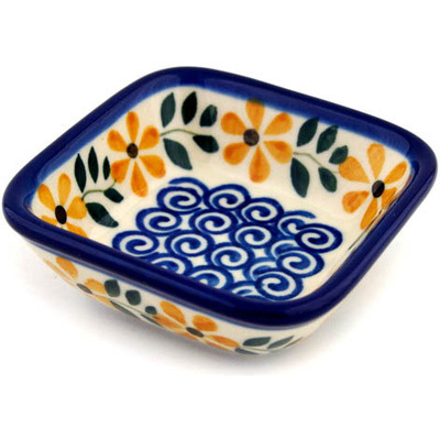Polish Pottery Square Bowl 3&quot; Golden Daisy Swirl