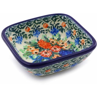Polish Pottery Square Bowl 3&quot; Hummingbird Bouquet UNIKAT