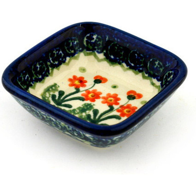 Polish Pottery Square Bowl 3&quot; Peach Spring Daisy