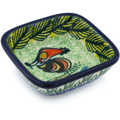 Polish Pottery Square Bowl 3&quot; Rooster Parade UNIKAT