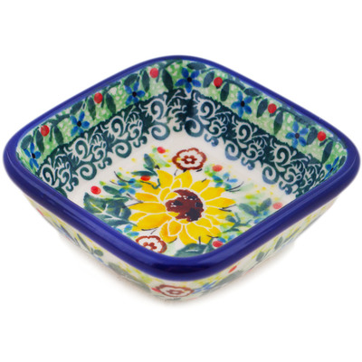 Polish Pottery Square Bowl 3&quot; Yellow Garden UNIKAT