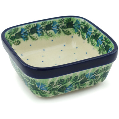 Polish Pottery Square Bowl 4&quot; Blue Bell Wreath