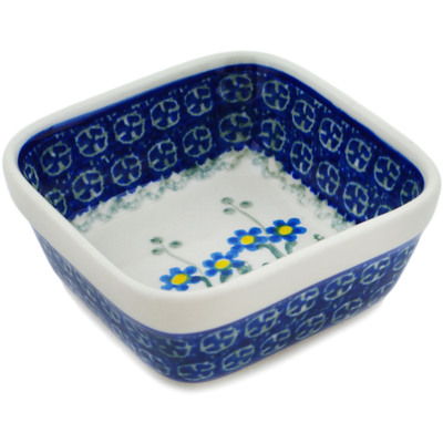 Polish Pottery Square Bowl 4&quot; Blue Daisy Circle