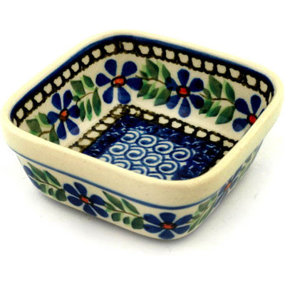 Polish Pottery Square Bowl 4&quot; Blue Daisy Swirls