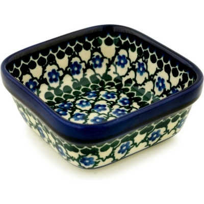 Polish Pottery Square Bowl 4&quot; Blue Daisy Trellis