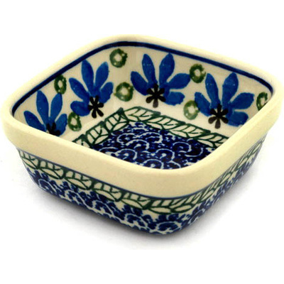 Polish Pottery Square Bowl 4&quot; Blue Fan Flowers