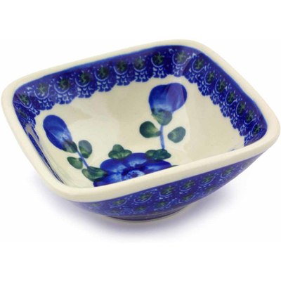 Polish Pottery Square Bowl 4&quot; Blue Poppies