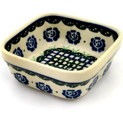 Polish Pottery Square Bowl 4&quot; Blue Rose Patch