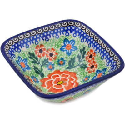 Polish Pottery Square Bowl 4&quot; Bold Carnation UNIKAT