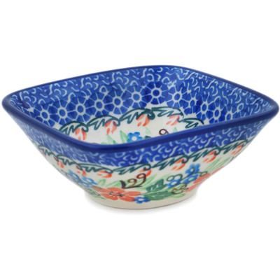 Polish Pottery Square Bowl 4&quot; Brilliant Pansy UNIKAT