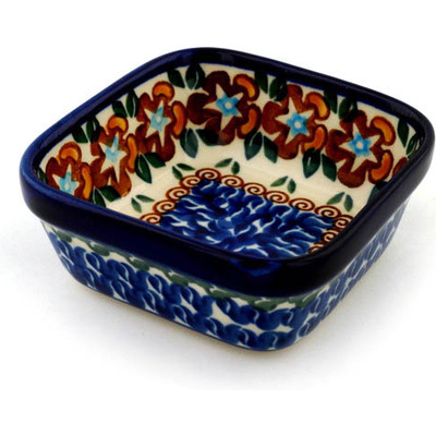 Polish Pottery Square Bowl 4&quot; Brown Starflowers