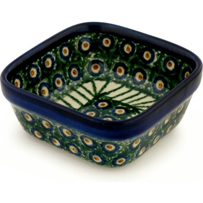 Polish Pottery Square Bowl 4&quot; Emerald Peacock