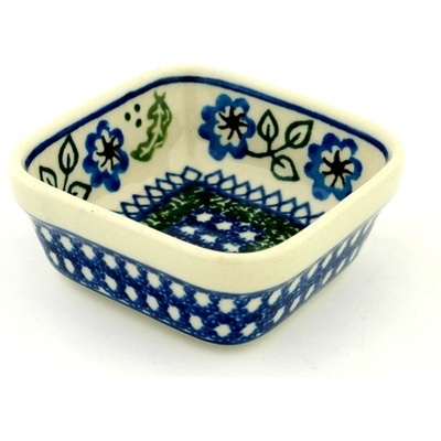 Polish Pottery Square Bowl 4&quot; Feathers And Flowers