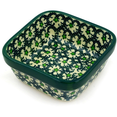 Polish Pottery Square Bowl 4&quot; Green Garlands