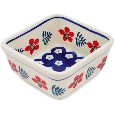 Polish Pottery Square Bowl 4&quot; Poppies And Ferns