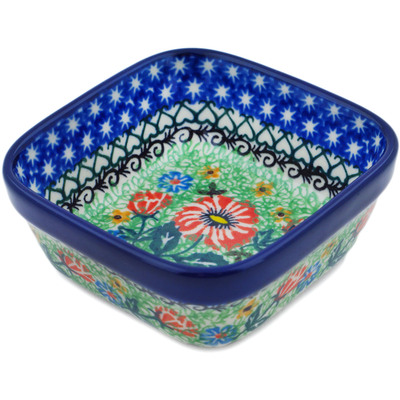 Polish Pottery Square Bowl 4&quot; Poppy Parade UNIKAT