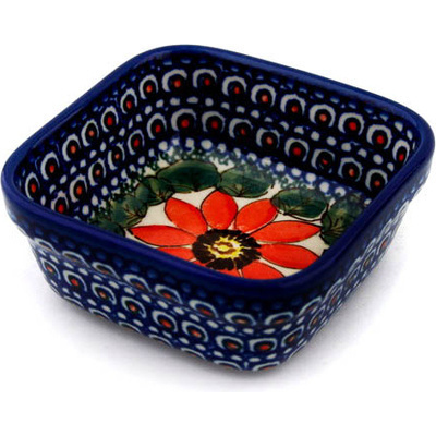 Polish Pottery Square Bowl 4&quot; Red Blooms UNIKAT