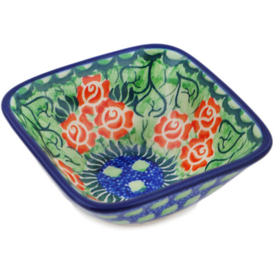 Polish Pottery Square Bowl 4&quot; Red Impatiens UNIKAT