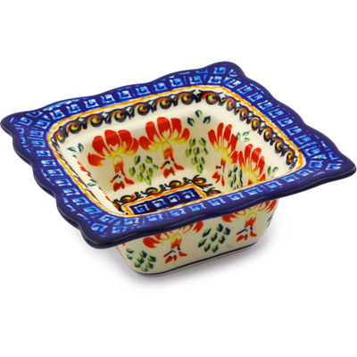 Polish Pottery Square Bowl 5&quot; Blooming Red