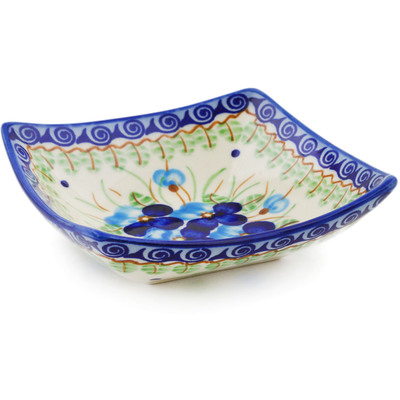 Polish Pottery Square Bowl 5&quot; Blue Pansy