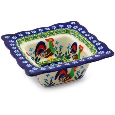 Polish Pottery Square Bowl 5&quot; Country Rooster UNIKAT