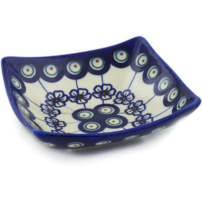 Polish Pottery Square Bowl 5&quot; Flowering Peacock
