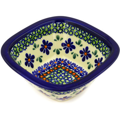 Polish Pottery Square Bowl 5&quot; Gingham Flowers