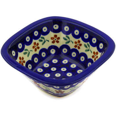 Polish Pottery Square Bowl 5&quot; Red Daisy Peacock