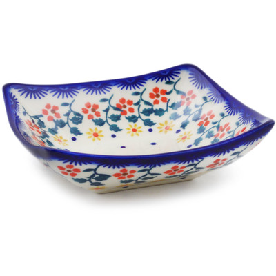 Polish Pottery Square Bowl 5&quot; Red Sunflower