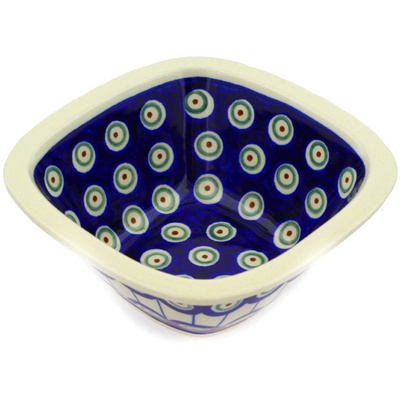 Polish Pottery Square Bowl 5&quot; Traditional Peacock